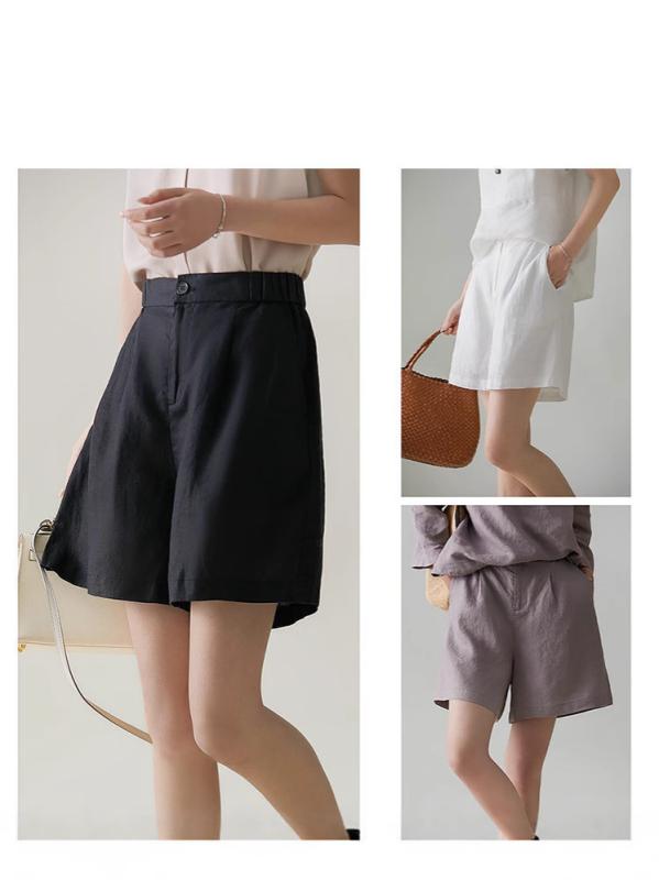 レディース 麻 ワイドパンツ 夏 春夏 ハイウエスト ショートパンツ 直筒型 超薄手 微弾性 切り替えデザイン シンプル 日常使い 通勤対応 ブラック ホワイト グレー 通気性 軽量 吸湿速乾 接触冷感 再生繊維 95パーセント以上 紐ボタン アクセサリ