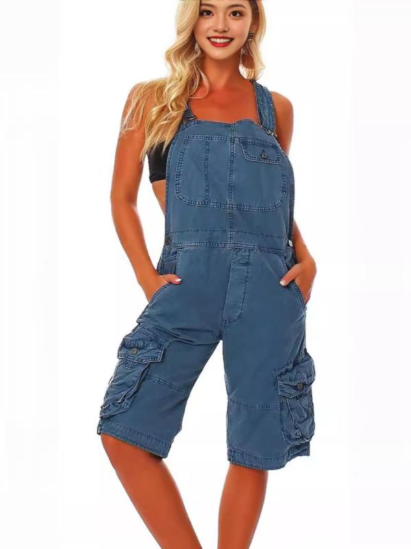 Cropped Pants - レディース 吊り紐デニムショートパンツ Uネック ダブルストラップ ポケット付き 直筒 ミッドライズ 快適カジュアル 通勤風 コットン ポリエステル グレー ブルー ミリタリーグリーン 夏 軽量 伸縮性 吸湿速乾 ビッグシルエット 普段使い