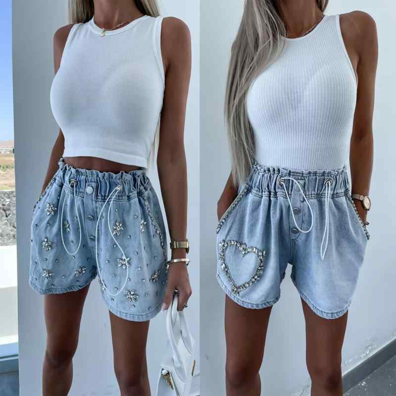 乐天商城 - レディース 牛仔 デニム ショートパンツ 夏秋 ファッション 気質 通勤 スタイル 松緊腰 直筒 形 中厚 コットン 素材 ハンドメイド ラインストーン 装飾 気質 優雅 都市 カジュアル ピンク 系 アイボリー 調 軽量 快適 普段使い 5分丈