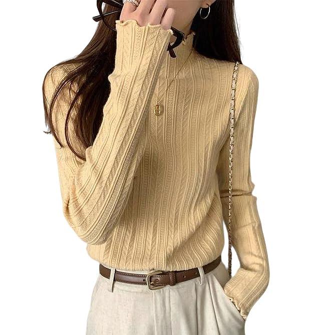 [Furidom] インナーシャツ レディース 麦穂編み フリル裾 綿混 防寒保温 長袖 ハイネック レイヤード ..