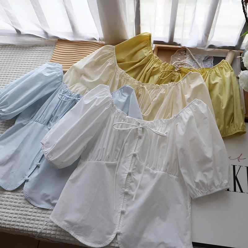 乐天商城 - シャツ レディース 方領 短袖 泡泡袖 系带 切り替え 綿 純色 基本款 短丈 清新 甘め スタイル 杏色 ブルー ホワイト イエロー 軽やか 通勤 普段使い 伸縮性 吸湿速乾 春夏