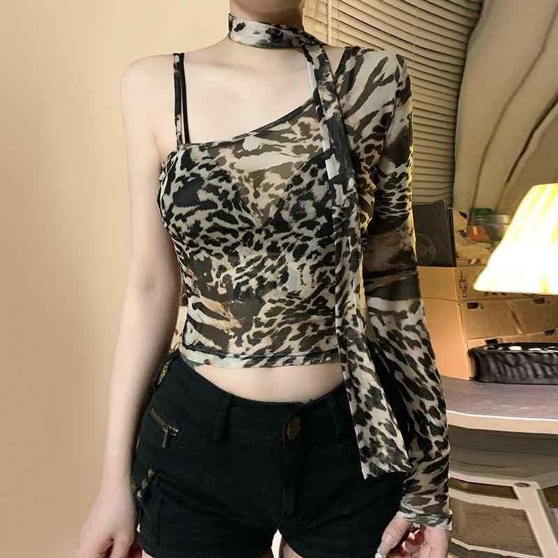 Tシャツ 女性用 セクシー ヒョウ柄 長袖 透視 網纱 ハングネック アシンメトリー ショルダー スカーフ トップス 切り替え ポリエステル..