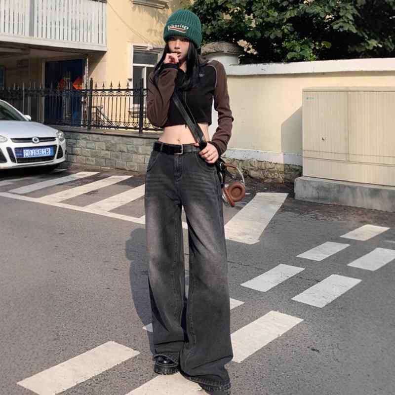 デニムパンツ 女性用 秋冬 高腰 ワイドレッグ ゆったり ストレート ロング丈 スリム効果 垂れ感 綿素材 微弾性 中厚 洗い加工 黒灰色 日韓カジュアル 快適 普段使い 通勤対応 免燙処理
