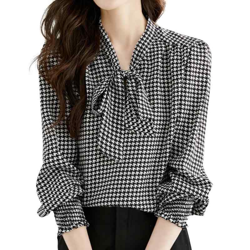 [Bidason] 千鳥柄 ブラウス レディース シャツ 長袖 リボン付き おしゃれ エレガント 可愛い 上品 パフスリーブ 女性らしい ゆる感 着痩せ 着回し力 普段着 トップス 通勤 デート 秋 冬