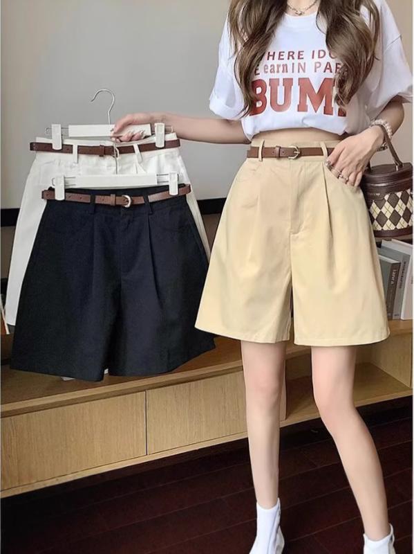 短褲 - レディース 夏 ワイドパンツ 七分丈 高腰 褶皱 切り替え ポリエステル 薄手 微弾力 気質通勤 普段使い ブラック 卡其色 白色 スリム効果 軽量 吸湿速乾 小柄対応 大きいサイズ