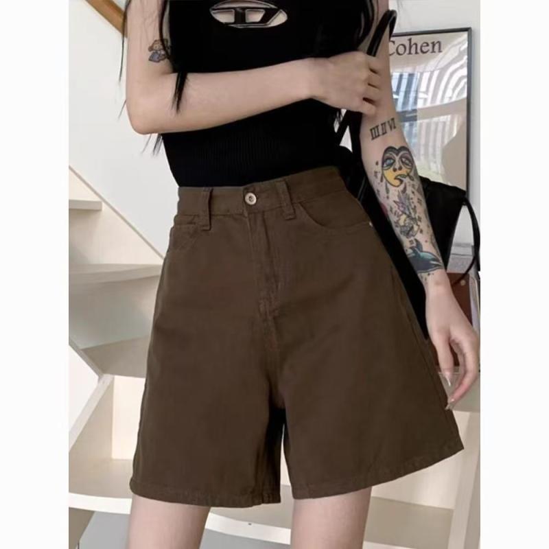 デニム ショートパンツ 女性用 小柄 梨型体型対応 高腰 スリム効果 ワイドレッグ ストレート 薄手 綿 ポリエステル 混合 中弾性 ポケット 付き 快適 デイリー ユース ブラウン系 春夏 カジュアル スタイル