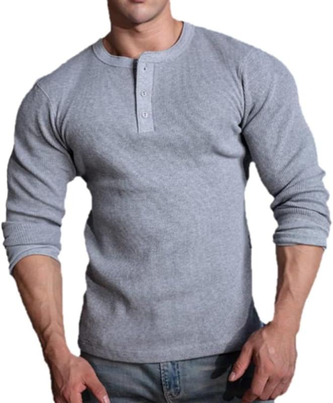 [Manatsulife] メンズ Tシャツ 長袖 ヘンリーネック ワッフル生地 カットソー スリムフィット tシャツ スタンダード 丸首 ロンT 無地 サーマル 肉厚 インナー レイヤード 保温性 ボタン 春 秋 CX5
