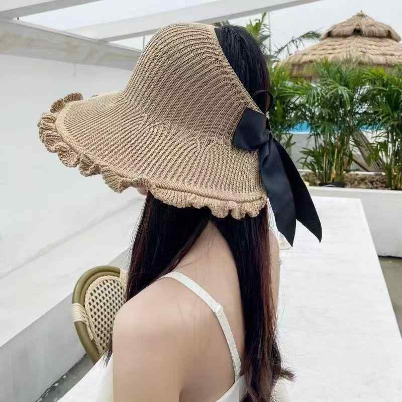 麦わら帽子 女性用 夏用 防晒 遮陽 大つば 波浪エッジ 空頂 バタフライボウ 綿麻素...
