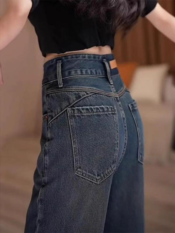 レディース 牛仔パンツ 直筒 ハイウエスト 夏 薄手 綿混 デニム素材 梨形身材 显瘦 デザイン ゆったり シルエット 気質 通勤 スタイル ワイドレッグ ロング丈 洗い加工 無弾性 軽量 普段使い ブルー 系