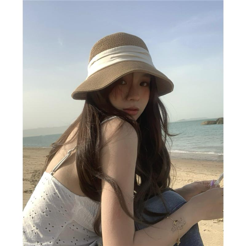 女性用 春夏 麦わら帽子 復古 漁夫帽 ワイドブリム 遮陽 防晒 後ろプリーツ 透気性 速乾 草編み ライトブラウン ベージュ ブラック 55-58cm 調整可能 カジュアル 日常使い 軽量 通勤 外出 レジャー シンプル 高級感 百搭