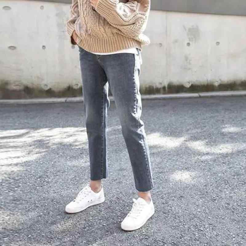 乐天商城 - デニムパンツ 女性用 大きいサイズ 高腰 伸縮性 ゆったり ビンテージ ストレート クロップド コットン ミディアム厚 ワイドレッグ ブルー 通勤 かわいい 清新 切り替え加工 微弾力
