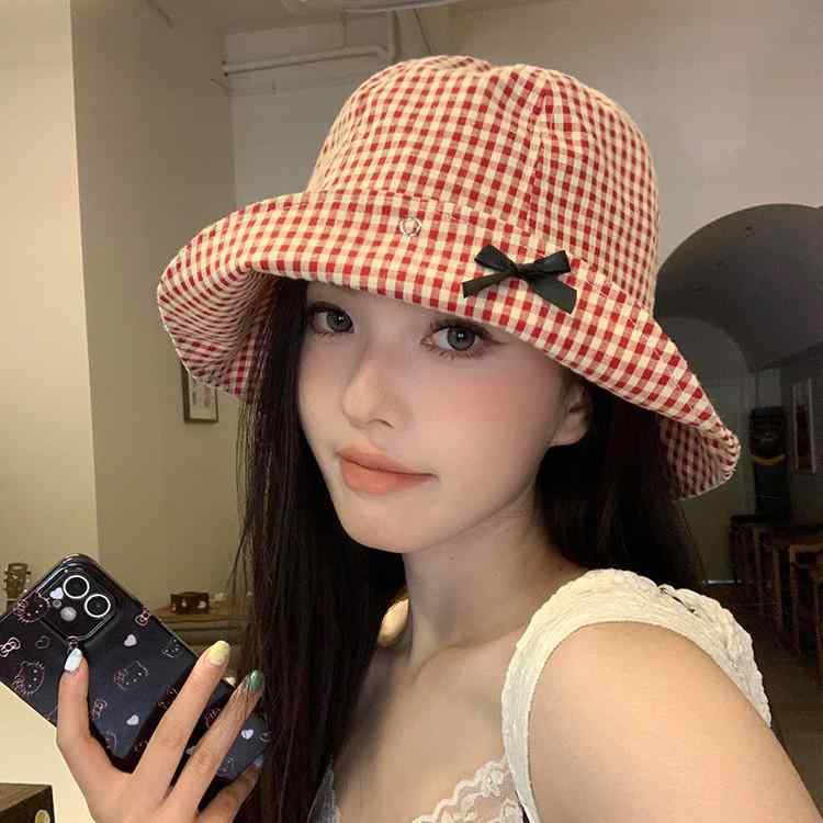 草帽 - レディース 漁夫帽 夏 格子柄 蝶結 ワイドブリム 防晒 遮陽 通気性 ポリエステル 赤 紺 黒 百搭 優雅 レジャー ファッション 通勤 シンプル