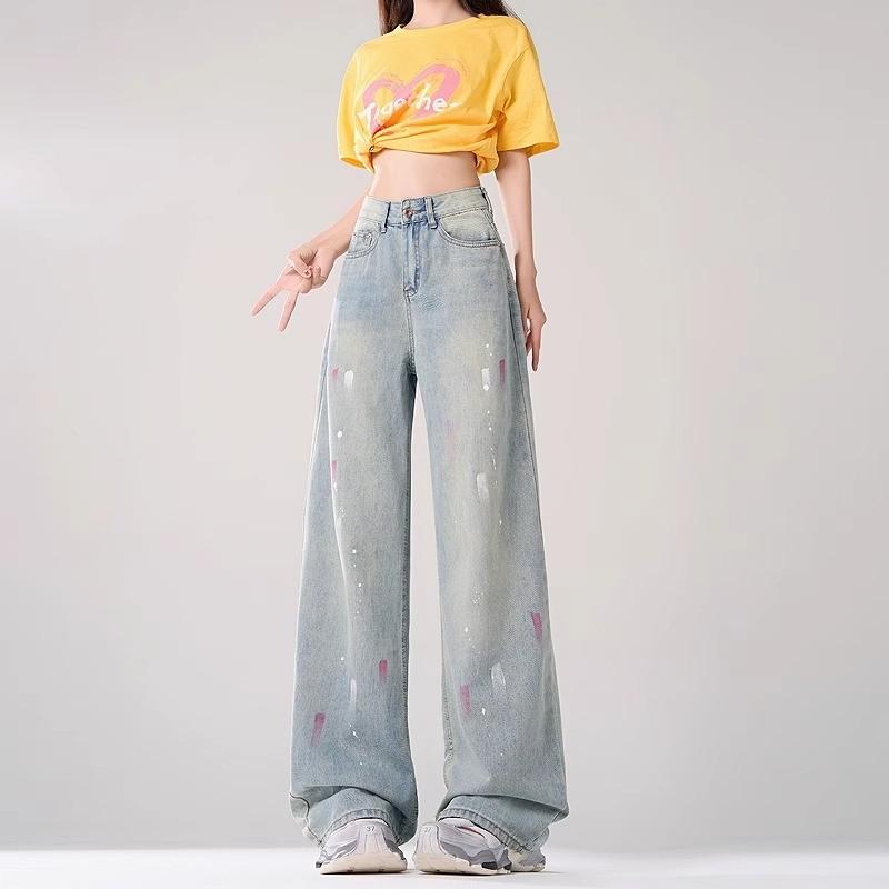 レディース デニムパンツ ワイドレッグ ハイウエスト 直筒型 牛仔布 綿混 ポリエス...