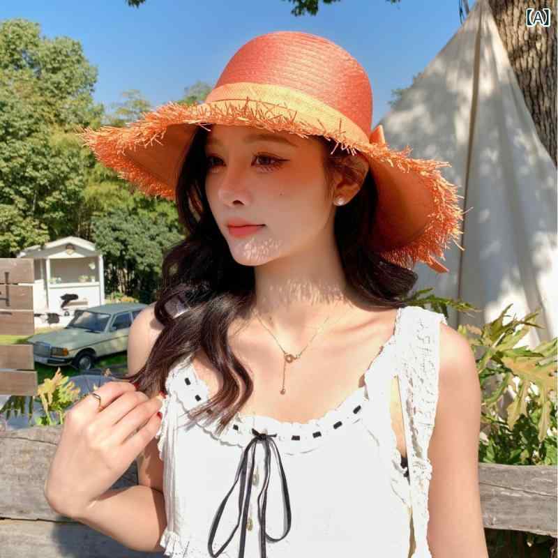 フォークBRの麦わら帽子 女性用 春夏 大檐 防紫外線 遮陽 透気 橘色 カーキ ピンク ベージュ ブラック ピンク 手編み 草木染 ビジネス 百搭 優雅 ミニマム カジュアル スポーツ ファッション OL シンプル ヨーロッパ アメリカ 軽奢 高級感 通勤 普段使い｜アングル2