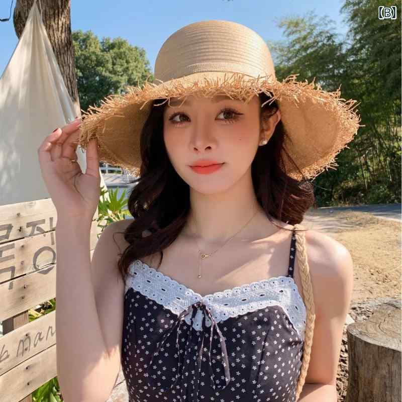 フォークBRの麦わら帽子 女性用 春夏 大檐 防紫外線 遮陽 透気 橘色 カーキ ピンク ベージュ ブラック ピンク 手編み 草木染 ビジネス 百搭 優雅 ミニマム カジュアル スポーツ ファッション OL シンプル ヨーロッパ アメリカ 軽奢 高級感 通勤 普段使い｜アングル3