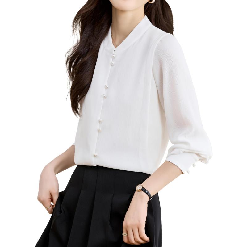 [Bolan Verl] ノーカラー シャツ ブラウス シフォン 長袖 レディース 白 トップス バンドカラー 開襟 オフィス 通勤 ビジネス きれいめ 春秋冬