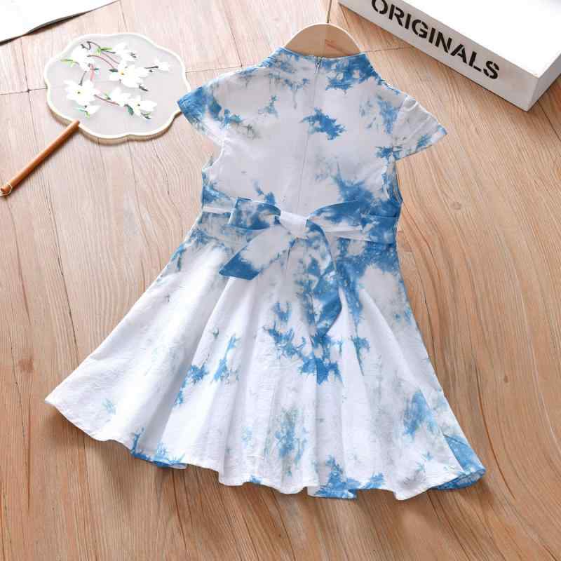 女児用 ワンピース キッズ 女の子 夏服 綿 白 ワンピース プリンセススカート 植物染め ハンドメイド 柔らかい 生地 短袖 復古風 抽象柄 切り替え デザイン 通気性 良い 軽量 かわいい スタイル 3〜8歳 対応 100〜140cm