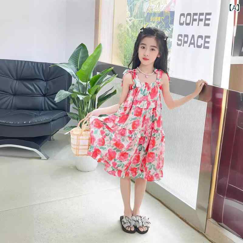 女児 吊り帯ワンピース 子ども 夏用 ビーチドレス かわいい フラワープリント シルク調 ポリエステル 100% 赤 ピンク 緑 ガーリー ファッション 田園風 軽量 涼しい 背中開き フレアスカート 中大童 140cm以上