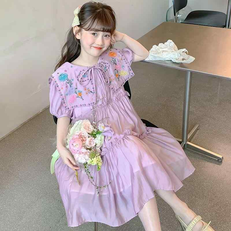 女の子 ワンピース 夏用 キッズ 子供服 吊り下げ 背心 タイプ 泡泡袖 プリンセス スカート A ライン フラワー デザイン ダミー ネック 紫色 綿混紡 ポリエステル 素材 軽量 通気性 かわいい スタイル 女児 夏服 ドレス 花柄 装飾 ビッグ ガ
