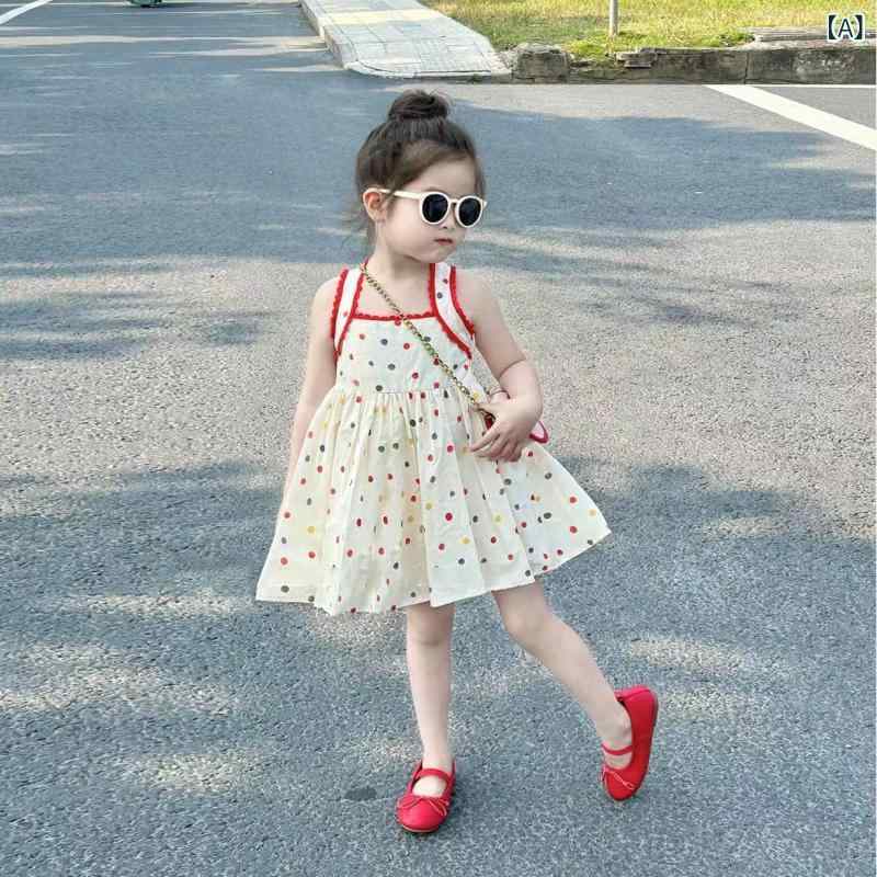 女児 ワンピース 女の子 夏 吊り帯 背心 無袖 プリンセススカート 綿 100% 柔軟 素材 ポルカドット カラフル 柄 レース 装飾 中小童 3-8歳 かわいい 普段使い 通学 軽量 通気性 切り替え デザイン ピンク系 ブルー系 イエロー系 グリー