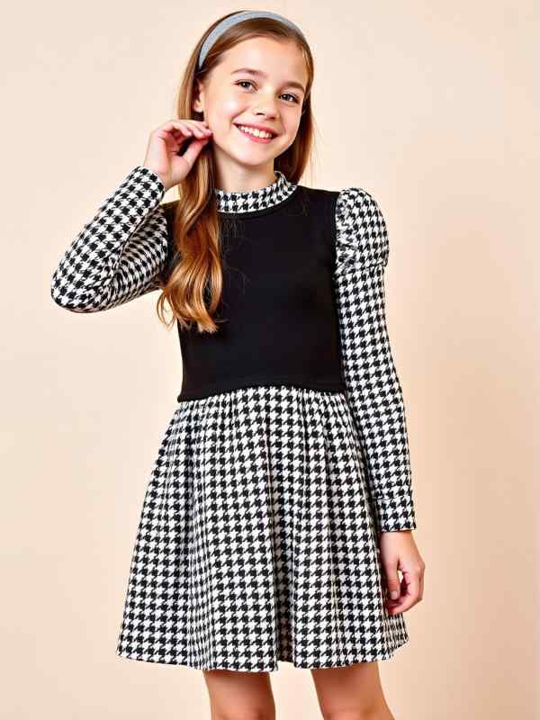 Dresses - 女の子 8-12歳 春秋 長袖 ワンピース チャイナドレス 千鳥格子柄 Aライン スカート コットン混紡 ポリエステル 柔らか素材 黒 抽象柄 ヨーロッパスタイル かわいい プリンセス風 小清新風 中学生 大学生向け 140cm 150cm 160cm