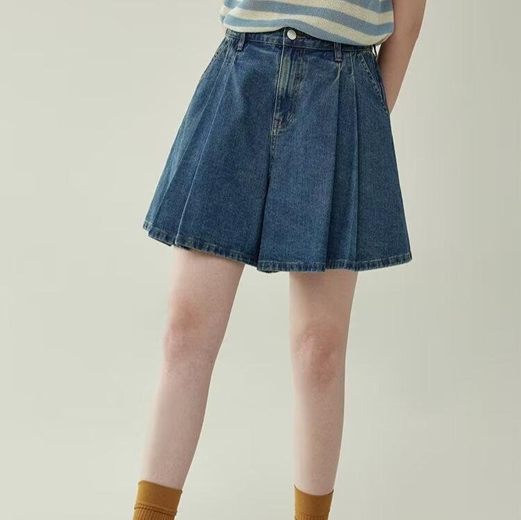 デニムパンツ 女性用 春夏 ブルー 高腰 プリーツ スカートパンツ ワイドレッグ 膝上丈 コットン ポリエステル 切り替えポケット 気質 通勤スタイル ゆったりシルエット ノーアイロン加工 軽量 普段使い