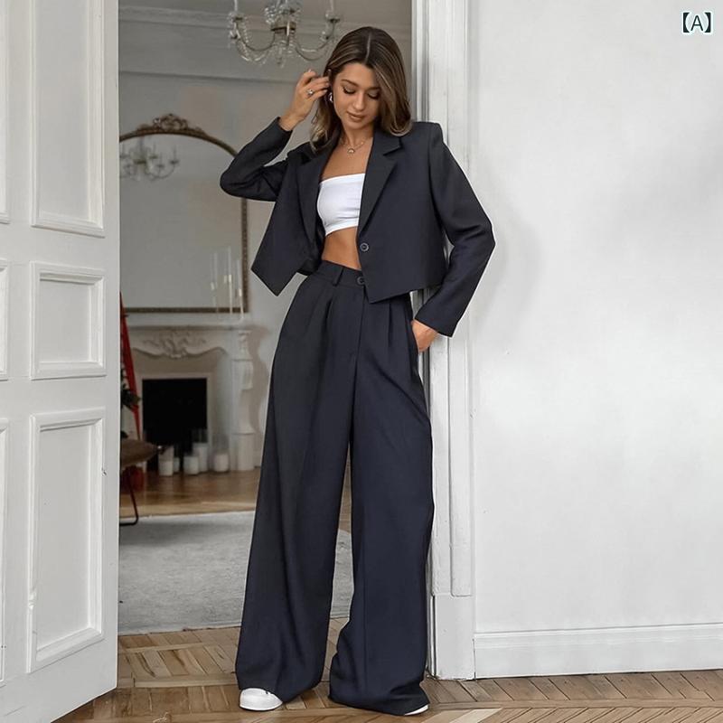 フォークBRのレディース スーツセット ジャケット ロングパンツ セット グレー 通勤 女性用 気質 欧米スタイル 混紡素材 ポリエステル メイン 伸縮性 長袖 ボタン デザイン 切り替え 加工 フルレングス パンツ セットアップ ビジネス 服装 優雅 スタイル 日常｜アングル2