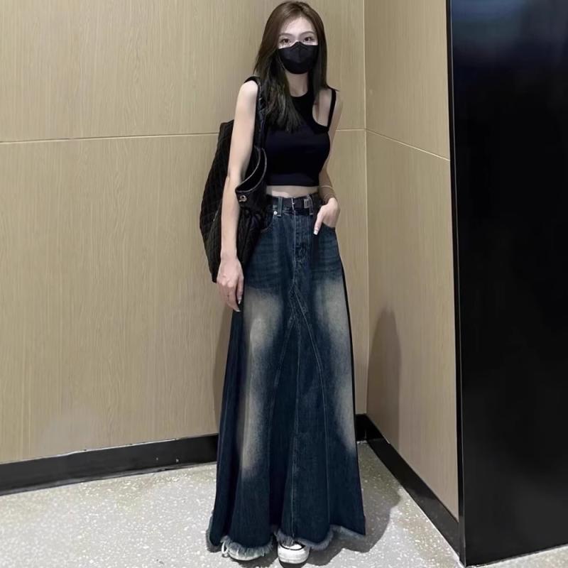 スカート 女性用 デニム ロングスカート 高腰 フリンジ 秋季 中長丈 Aライン フレアスカート 綿 混紡 ストレッチ ポケット 付き シンプル スタイル 日常使い 軽量 通勤 カジュアル ブルーグレー ハイウエスト ゆったりシルエット