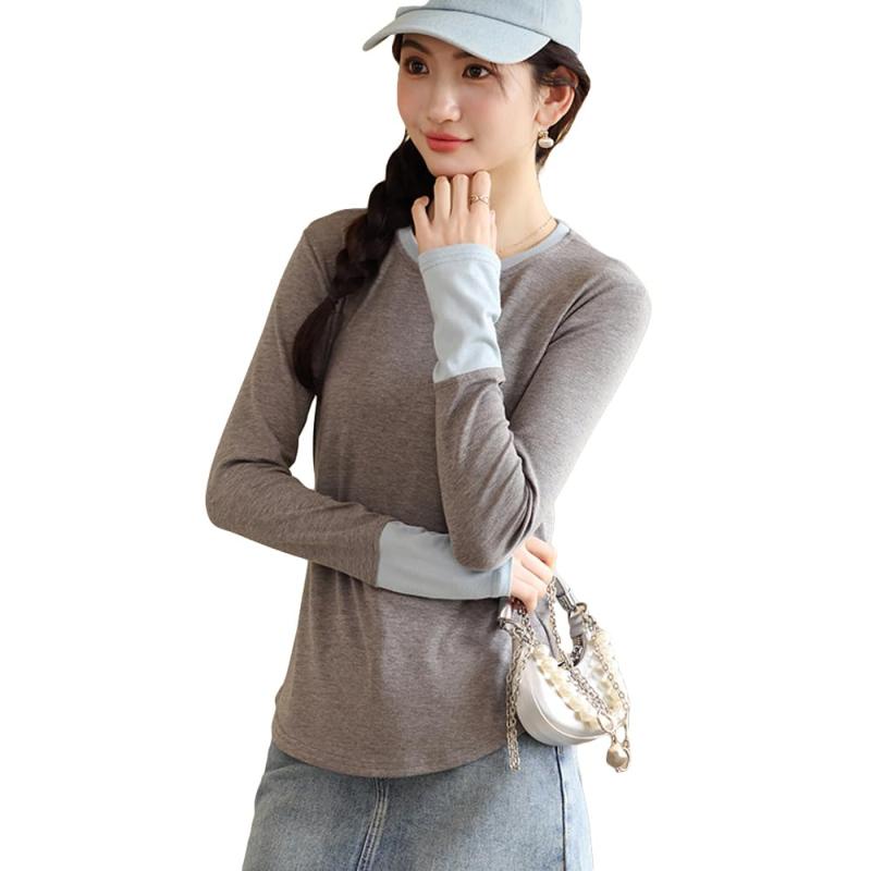 [Uroi] レイヤードカットソー レディース Tシャツ 長袖 春夏 配色 アンダーシャツ スリム ストレッチ クールネック インナー トップス