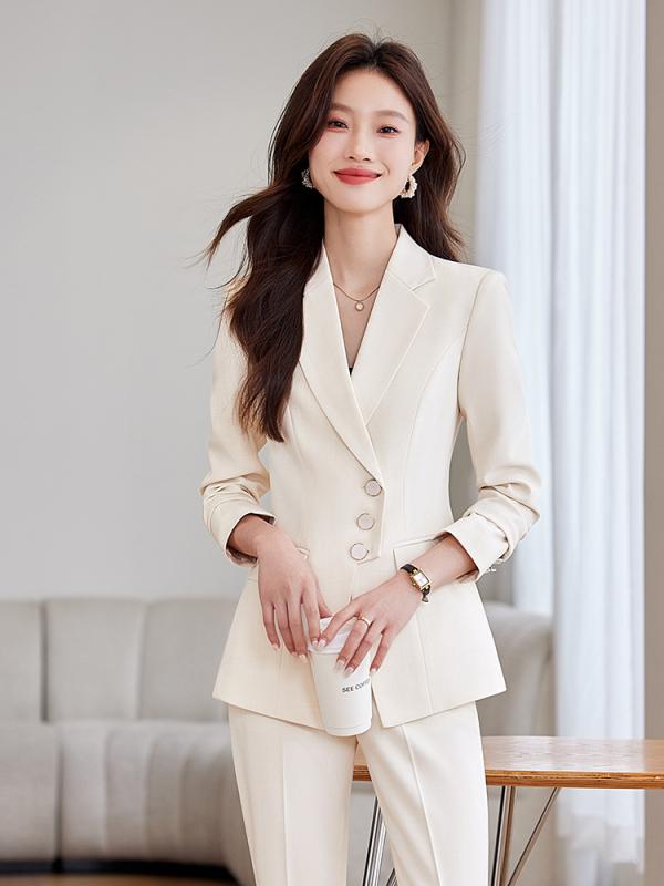 レディース 西装セット 春季 職業 通勤 気質 仕事服 2点セット 工装 ポリエステル スパンデックス 長袖 ロングパンツ 杏色 ピンク ブル..