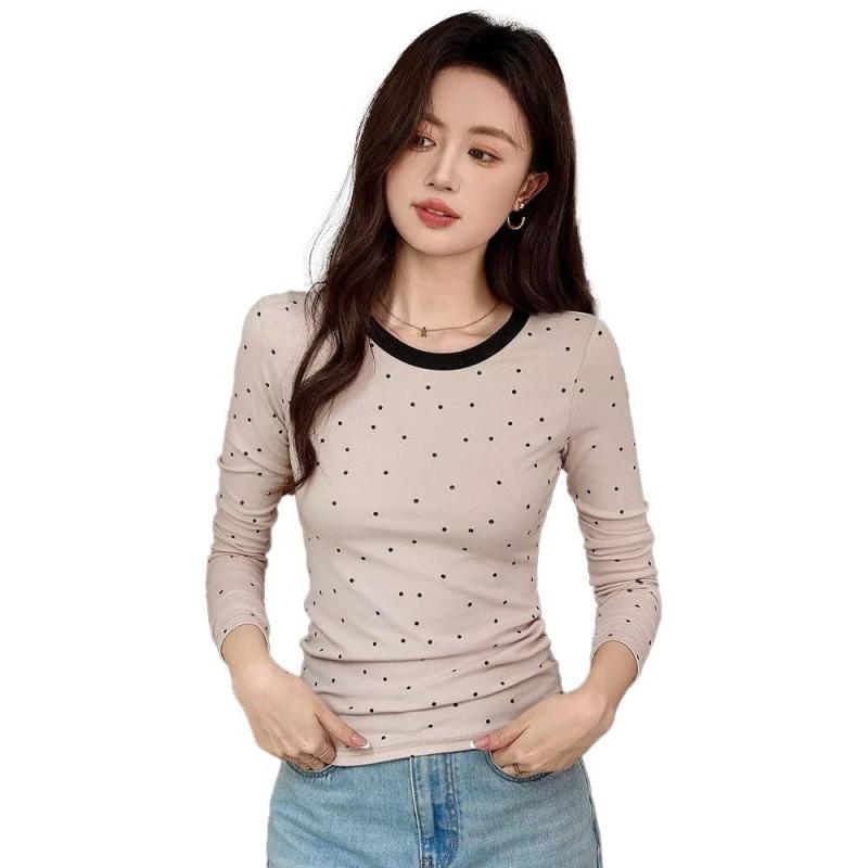 [Uroi] ドット柄Tシャツ レディース 長袖 春秋冬 水玉柄 バイカラー ラウンド襟 ストレッチ性 スリム カジュアル アンダーシャツ インナー トップス