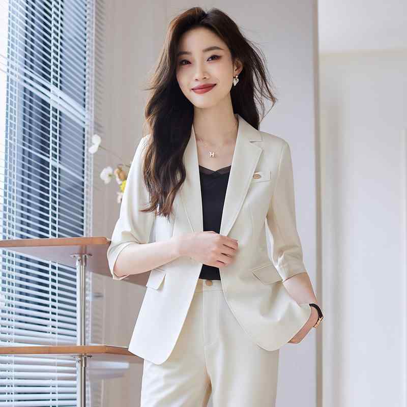 レディース 西装セット 春夏 薄手 七分袖 気質 仕事着 職業服 インタビュー ジャケット スーツ セットアップ ポリエステル スパンデックス ストレッチ 細密 斜紋 生地 ブラック ベージュ ライトブルー アイボリー カラー展開 通勤 ビジネス フォー