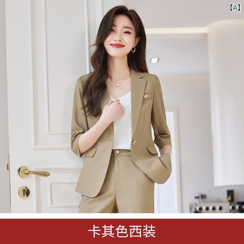 フォークBRのレディース 西装セット 春夏 薄手 七分袖 気質 仕事着 職業服 インタビュー ジャケット スーツ セットアップ ポリエステル スパンデックス ストレッチ 細密 斜紋 生地 ブラック ベージュ ライトブルー アイボリー カラー展開 通勤 ビジネス フォー｜アングル2