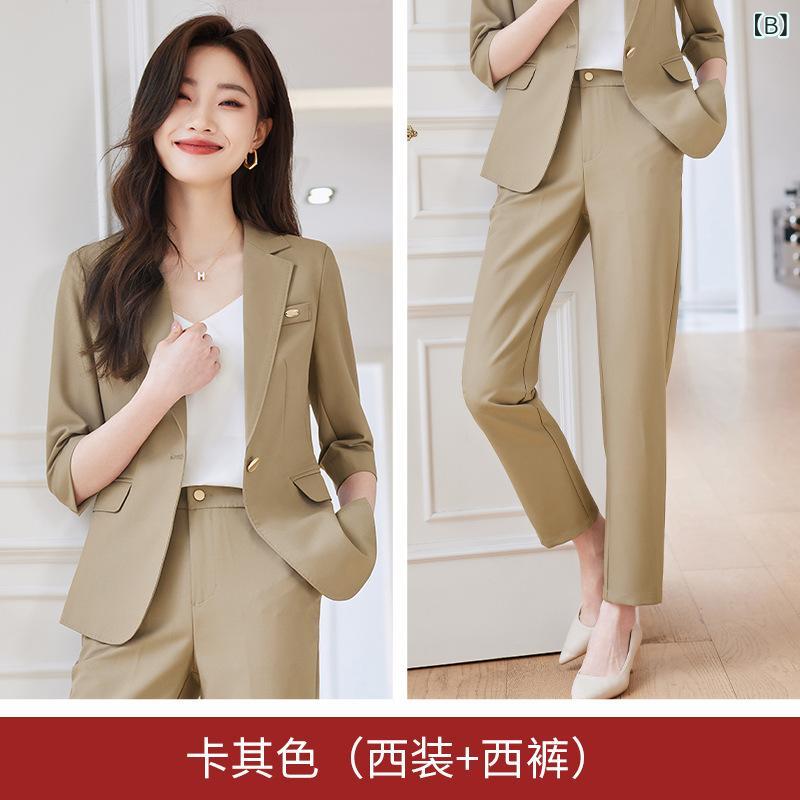 フォークBRのレディース 西装セット 春夏 薄手 七分袖 気質 仕事着 職業服 インタビュー ジャケット スーツ セットアップ ポリエステル スパンデックス ストレッチ 細密 斜紋 生地 ブラック ベージュ ライトブルー アイボリー カラー展開 通勤 ビジネス フォー｜アングル3