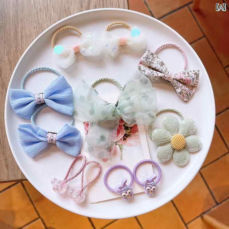 女児用 かわいい 蝶結び ヘアゴム セット 子供 髪飾り 布製 田園風 花柄 果物柄 動物柄 ブルー グリーン ピンク イエロー パープル 3-10歳 春用 手作り セット組 プリンセス スタイル 柔らか素材 髪に優しい ポニーテール ツインテール ヘア