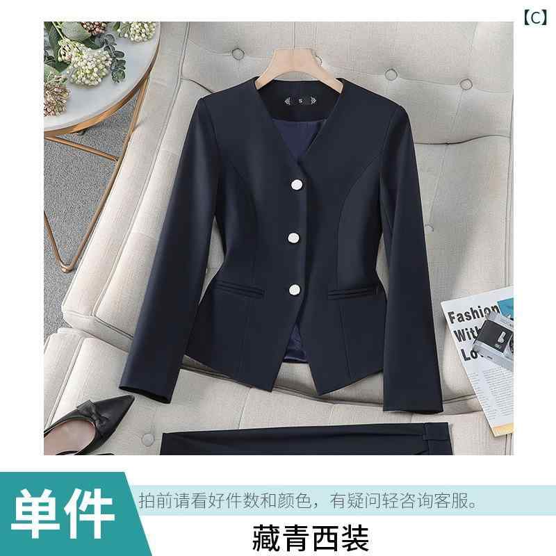 フォークBRのレディース スーツセット 杏色 Vネック 収腰 ジャケット ワイドパンツ 長袖 長ズボン 春季 職業通勤用 気質 優雅 スタイル ポリエステル 素材 洗いやすい シワになりにくい フォーマル ビジネス セットアップ コーディネート 女性用 オフィスウェア｜アングル3