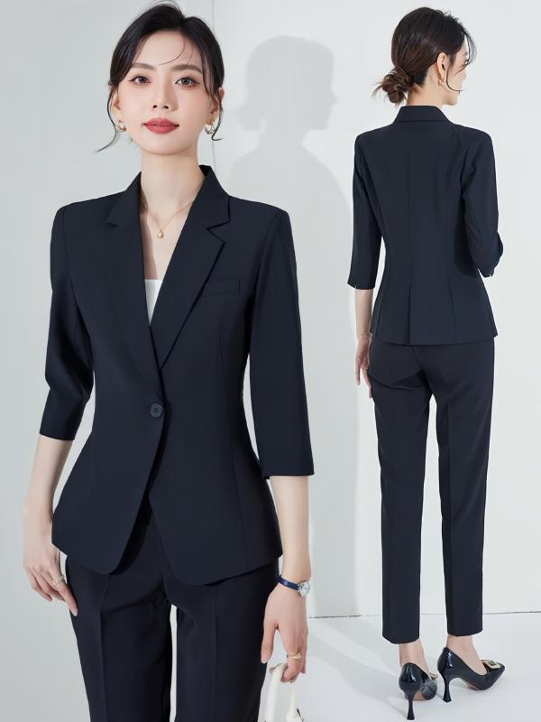 ブラック 中袖 セットアップ 女性 春夏 職業服 高級感 ポリエステル ストレッチ 接触冷感 吸湿速乾 通勤用 ホテル制服 マネージャー ト..