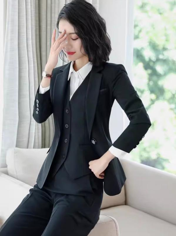 レディース 秋冬 西装セット 職業服 単ボタン ジャケット スカート パンツ 馬甲 シャツ 長袖 ポリエステル グレー ブラック セットアップ コーディネート ビジネス 通勤 インタビュー 卒業式 フォーマル シック 洗練 軽量 伸縮性 セット コーデ