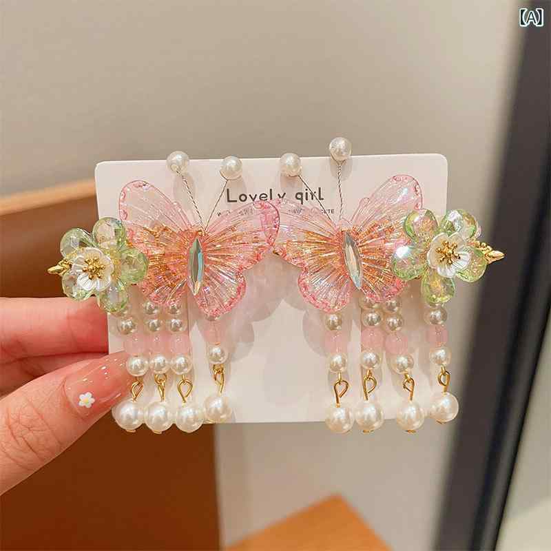 フォークBRの子供 女の子 ヘアアクセサリー かわいい 花 蝶 流蘇 ピンク ブルー パープル 対夾子 プラスチック 樹脂 プリンセス スタイル 古風 春夏 田園 花卉 花辺 シルク リボン 切り替え 3-6歳 6-10歳 10歳以上 普段使い 軽量 手作り 独立包装｜アングル2