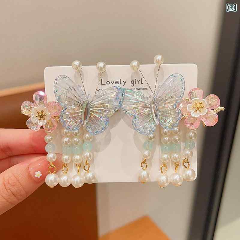 フォークBRの子供 女の子 ヘアアクセサリー かわいい 花 蝶 流蘇 ピンク ブルー パープル 対夾子 プラスチック 樹脂 プリンセス スタイル 古風 春夏 田園 花卉 花辺 シルク リボン 切り替え 3-6歳 6-10歳 10歳以上 普段使い 軽量 手作り 独立包装｜アングル3