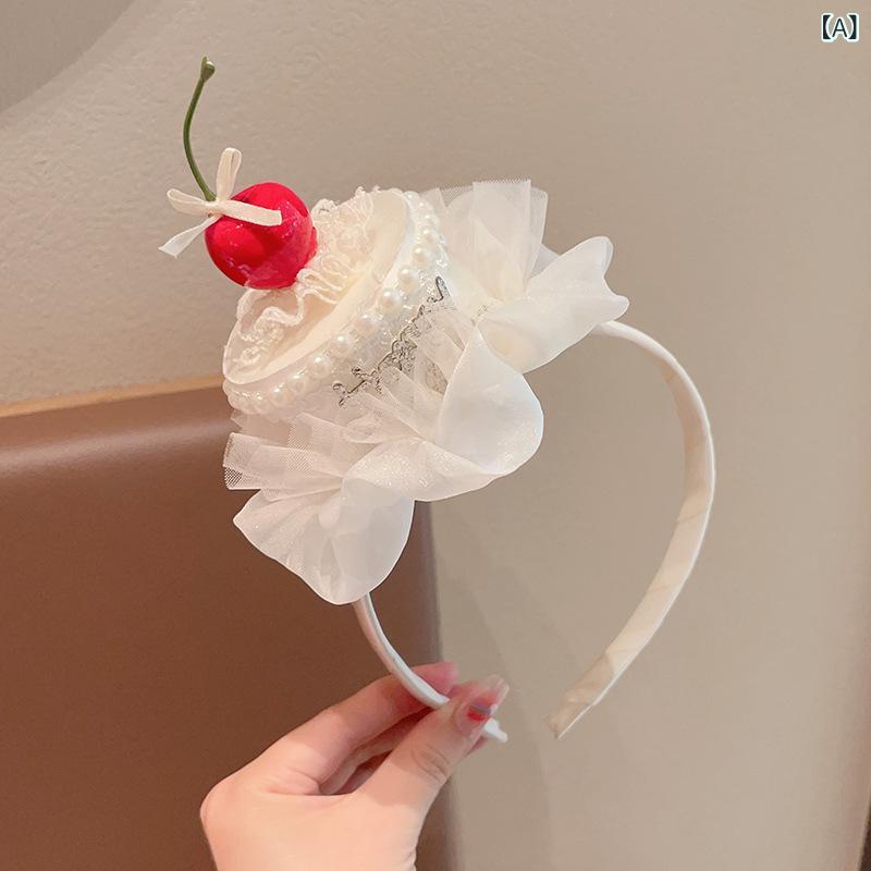 子供用 女の子 ヘアバンド かわいい 誕生日 帽子 頭飾 ピンク ケーキ デザイン 網纱 レース 装飾 プリンセス スタイル プラスチック 樹脂 素材 3-6歳 6-10歳 向け 誕生日パーティー アクセサリー