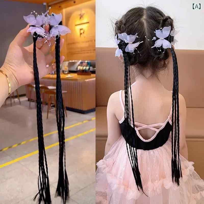 子供用 女の子 ヘアアクセサリー かわいい バタフライ ボウ リボン 偽物 髪 辮子 ポニーテール ヘアバンド ポニー クリップ ピンク 紫 ブルー 春 プリンセス スタイル 韓国風 混合素材 手作り 3-10歳 セット