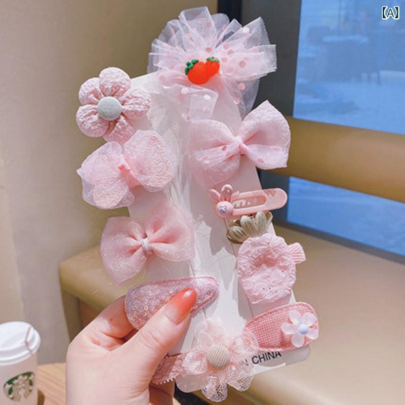 女の子 ヘアアクセサリー セット かわいい 発色の良い ヘアクリップ 10点 組 プリンセス 風 手作り ピンク ウサギ ピンク リボン ブルー フラワー パープル リボン イエロー フルーツ グリーン アボカド 女児 髪飾り ネット ガゼ フリンジ ヘ
