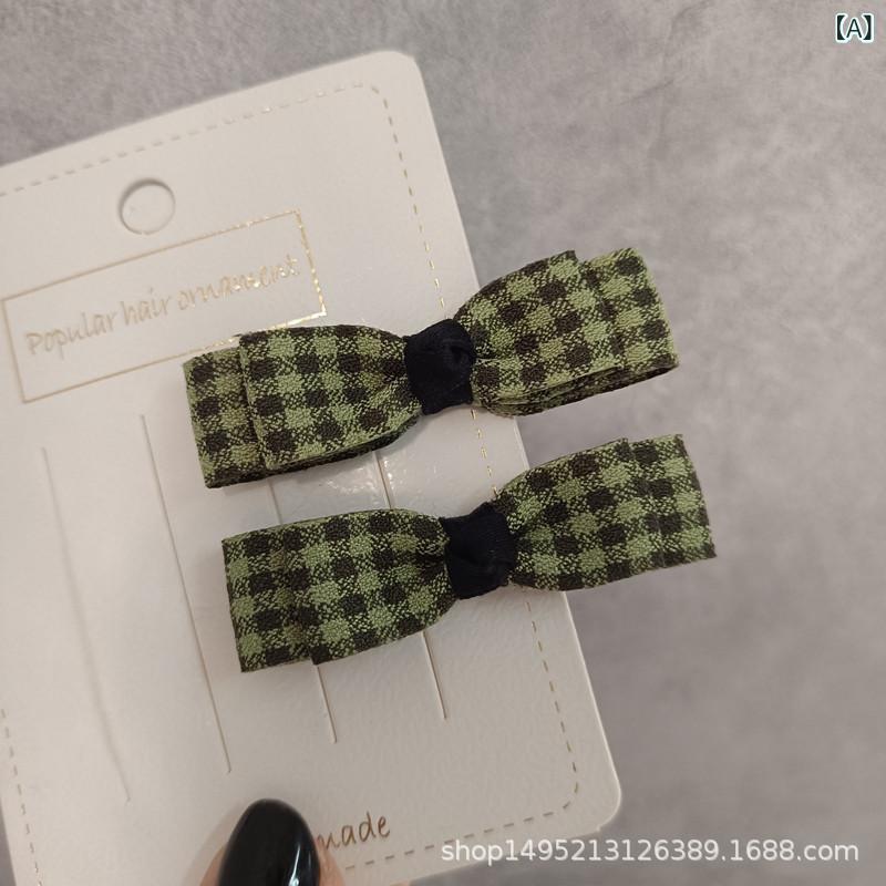 Hair Pin, Comb - 秋冬 子供用 ヘアアクセサリー かわいい 韓国風 緑 チェック柄 蝶結び バタフライボウ ヘアピン サイドクリップ ヘアクリップ 額前用 子供 女の子 日常使い 軽量 織物素材 秋冬 ヘアバンド かわいい ピンセット アクセ 緑色 格子柄 ボウタイ クリ