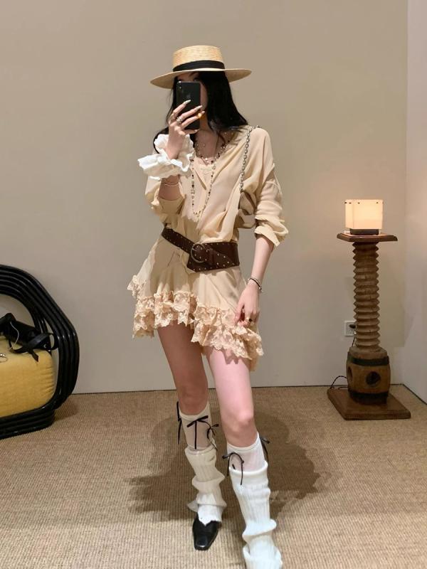 レディース セットアップ 復古 Vネック 長袖 シャツ 花辺 短スカート 3点セット 気質 通勤 スタイル 切り替え デザイン ポリエステル ..
