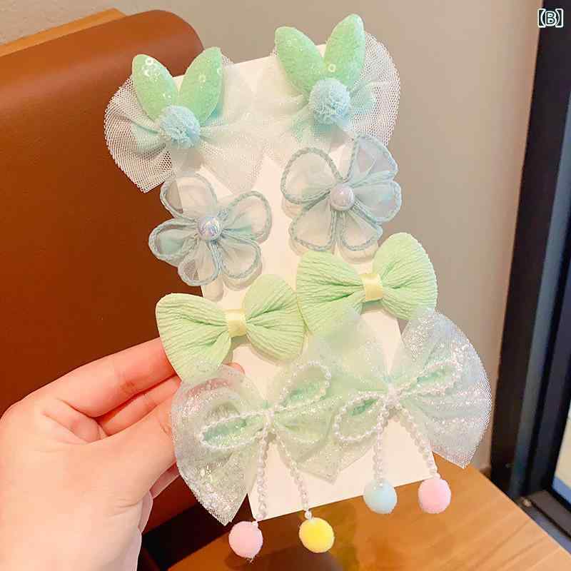 キッズ 女の子 ヘアアクセサリー セット 布製 レース 花柄 蝶結び 発簪 ヘアクリップ かわいい ピンク系 グリーン系 イエロー系 ブルー系 パープル系 3-6歳 6-10歳 通年使用 軽量 柔らかい 髪に優しい 子供用 日常使い 簡単装着 かわいいデ 3
