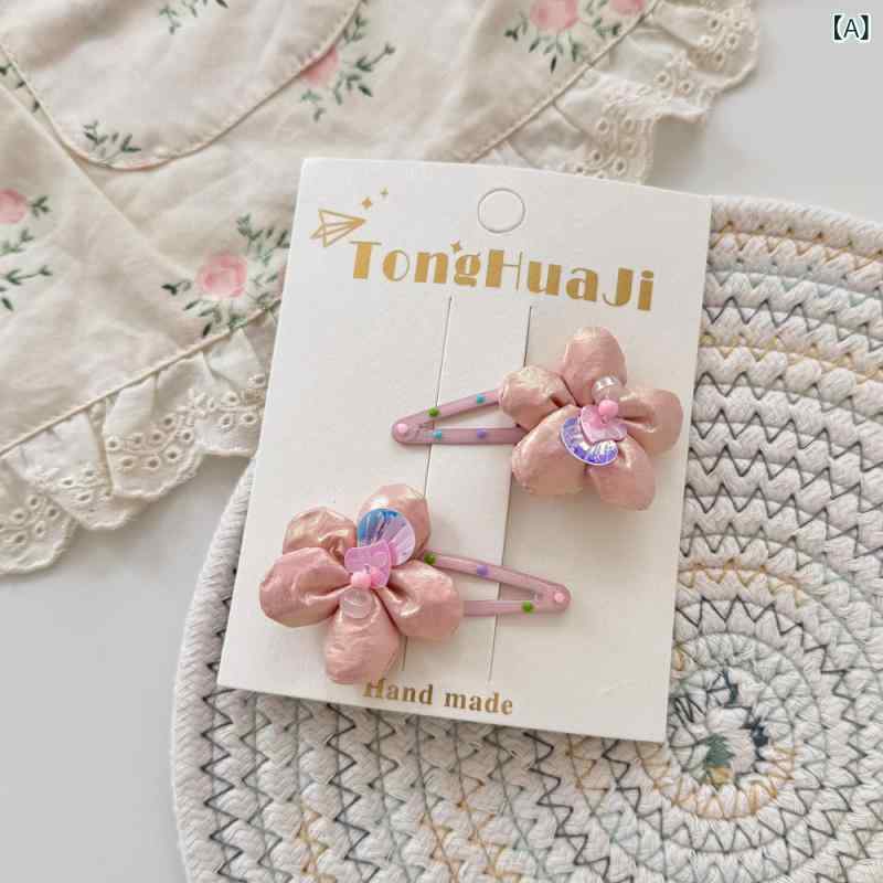 子供 女の子 ヘアアクセサリー 花柄 ポインテッド ドロップ型 ヘアクリップ ヘアゴム バブルクリップ 発色 ポップドット プリント ブルー ピンク イエロー カラーバリエーション 布地素材 ハンドメイド 韓国風 かわいい 甘め 春夏 シーズン ヘアピン