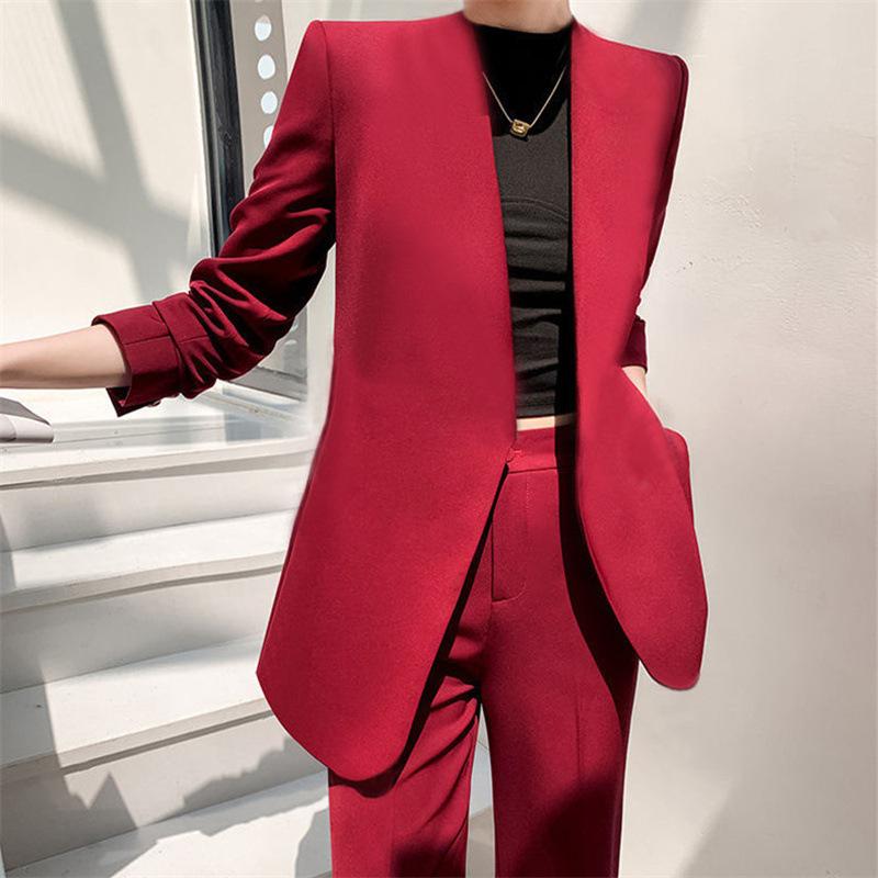 レディース 秋冬 セットアップ ジャケット ロングパンツ 女性用 赤 ブラック ピンク グリーン ブルー ベージュ グレー 紫 ワインレッド オレンジ ブラウン 通勤 気質 スタイル ゆったり シルエット ポケット 詳細 切り替え デザイン ポリエステル