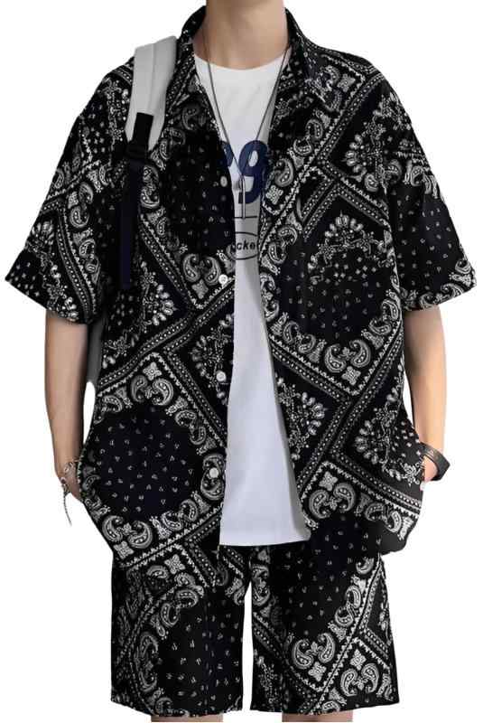 [aspersio] [アスペルシオ] ペイズリー柄 半袖短パン 上下セット ストリート系 襟付きシャツ 半ズボン セット メンズ