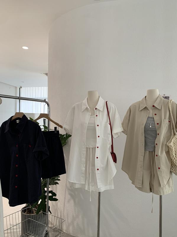 レディース 短袖 刺繍 トップス セット 綿 素材 接触冷感 動物柄 翻領 デザイン 切り替え ステッチ 夏 春夏 シーズン 白色 グレー系 ハイウエスト ショートパンツ 3分丈 スリーブ カジュアル 日常使い 軽量 通気性 伸縮性 ビッグシルエット 日
